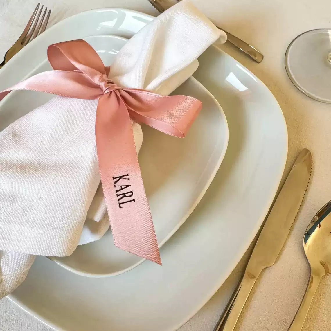 Custom Wedding Satin Ribbon Bows – Personalized Text & Icons | Wedding Place Setting | Laribbons Custom - laribbons Custom Shop