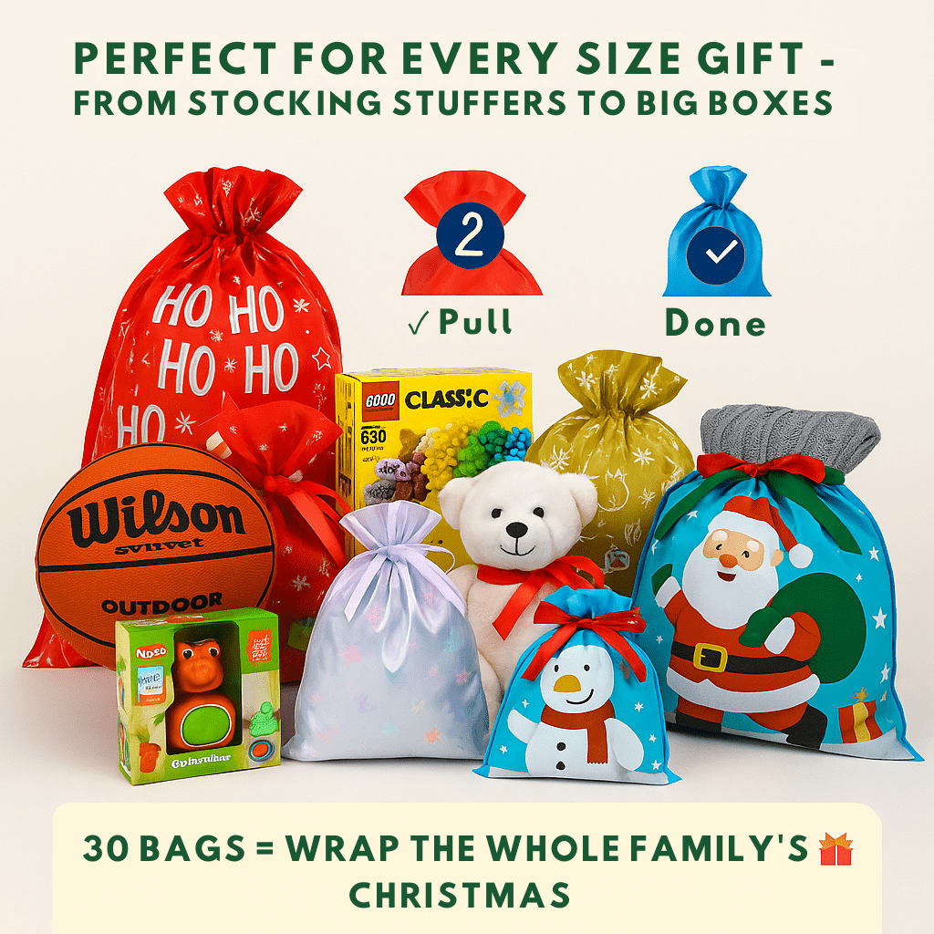 Krinkle Gift Bags – Pre - Assembled Festive Christmas Wrapping Bags with Ribbon | Family Pack (30 Bags) & Holiday Saver (60 Bags) | Laribbons Custom - laribbons Custom Shop