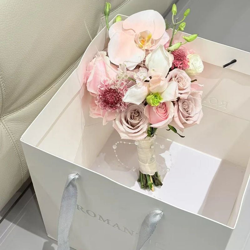 Custom Logo Flower Shop Paper Bags – White Embossed Tote with Silver or Pink Foil, 2 Sizes in Stock | Laribbons Custom - laribbons Custom Shop