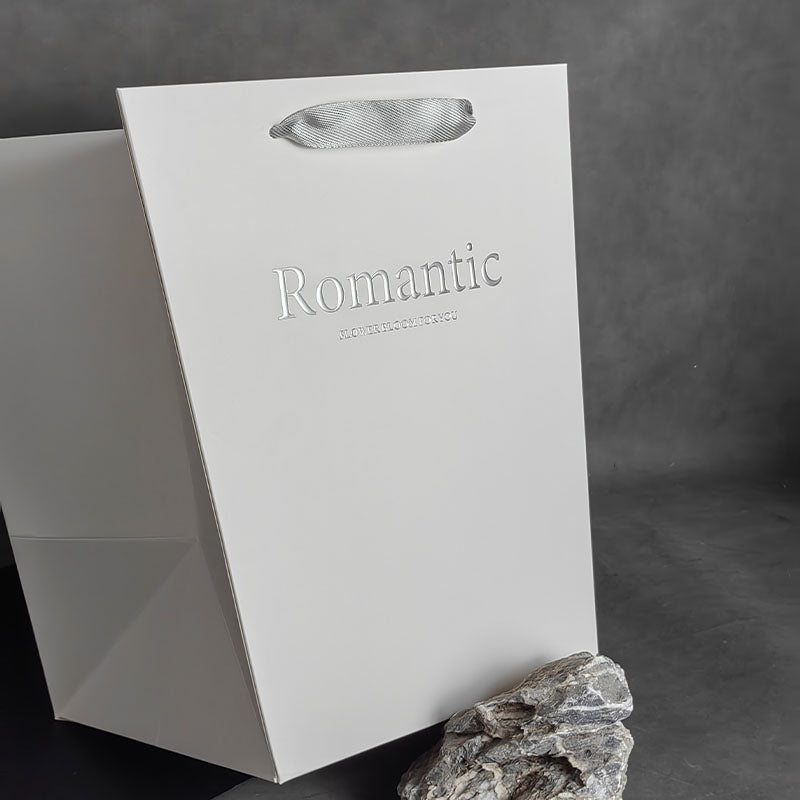 Custom Logo Flower Shop Paper Bags – White Embossed Tote with Silver or Pink Foil, 2 Sizes in Stock | Laribbons Custom - laribbons Custom Shop