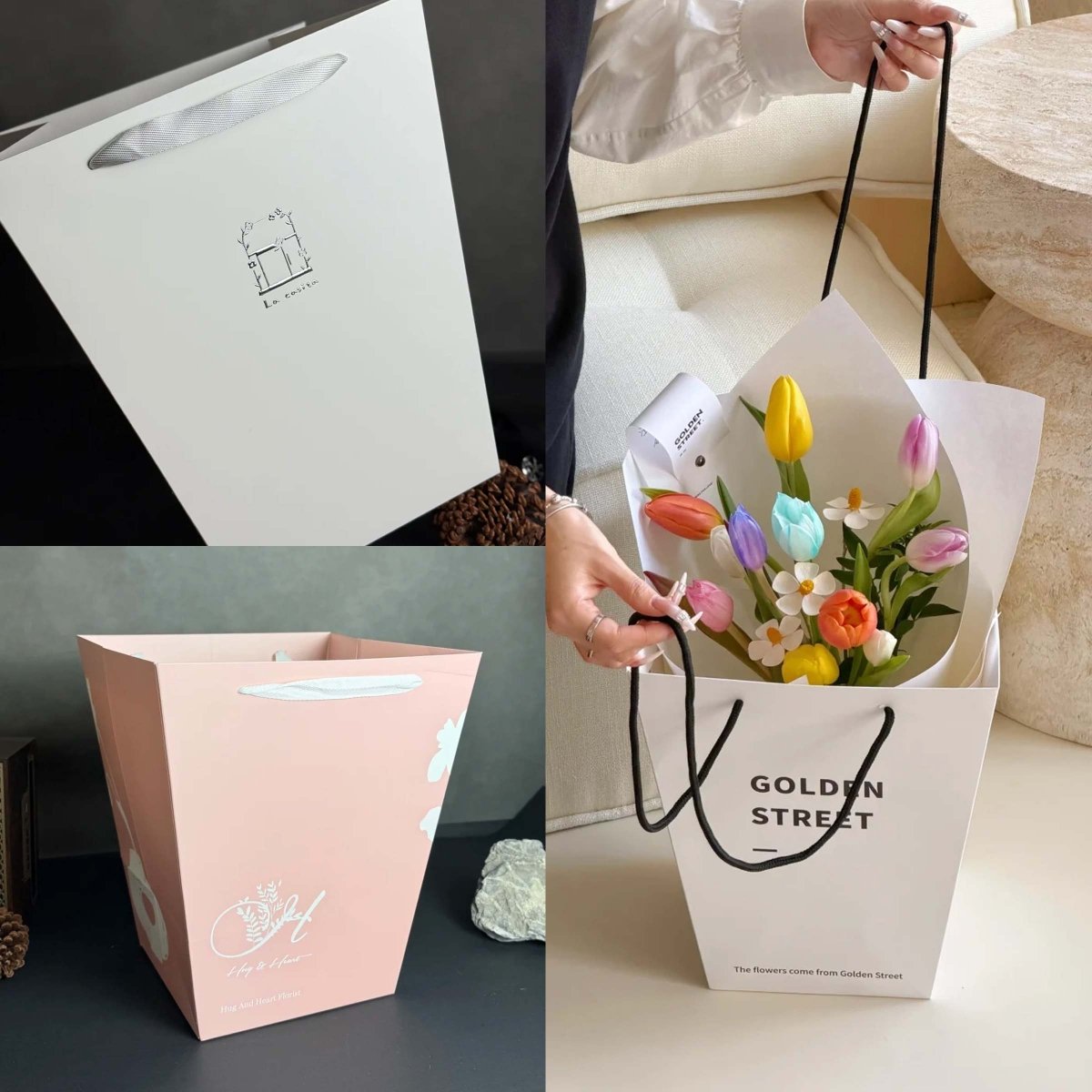 Custom Trapezoid Paper Bags with Logo – Personalized Flower Shop Gift Bags (MOQ 200) | Laribbons Custom - Laribbons Custom