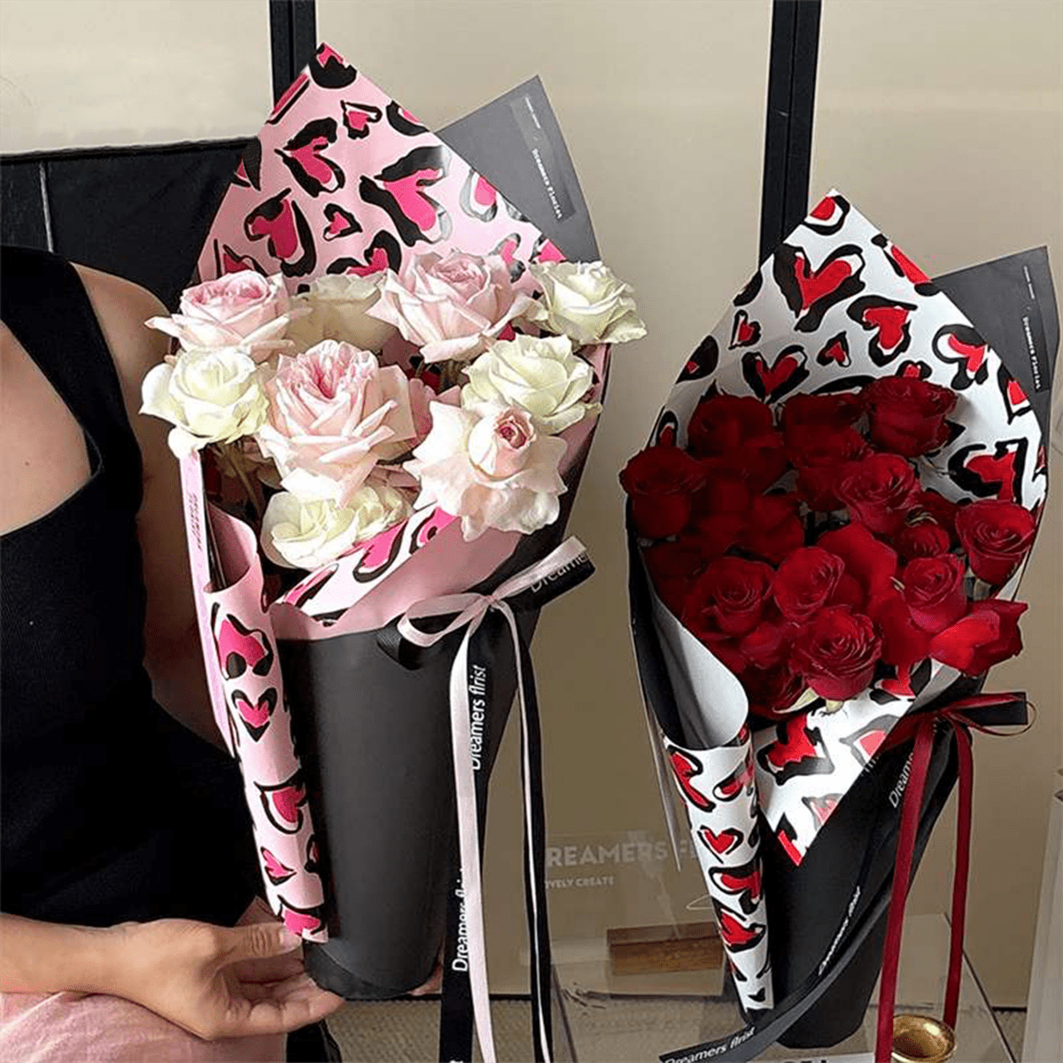 53x53cm BOPP Heart - Leopard Print Flower Packaging Sheets | P - BXH | MOQ 100pcs | Laribbon Custom - laribbons