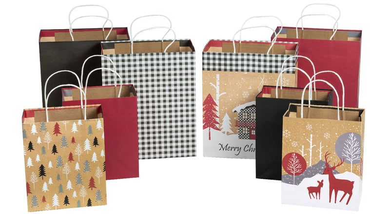 Assort Medium & Large Christmas Gift Bags - Deer/ Plaid/ Cabin/Christmas Tree- 8 Pack