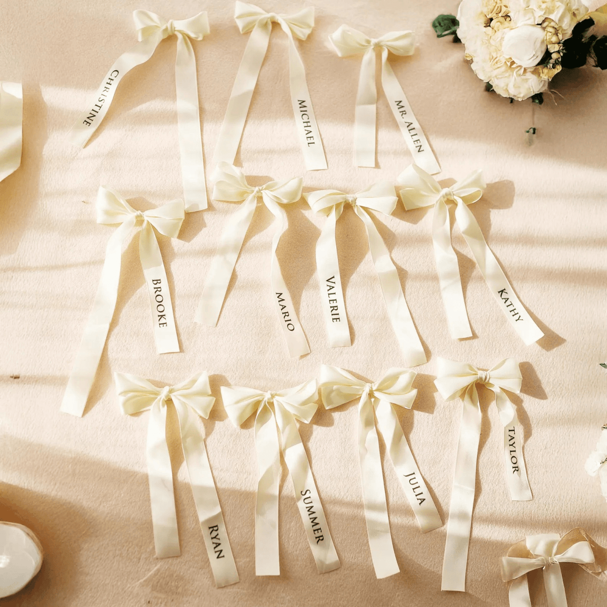 Custom Wedding Satin Ribbon Bows – Personalized Text & Icons | Wedding Place Setting | Laribbons Custom - laribbons Custom Shop