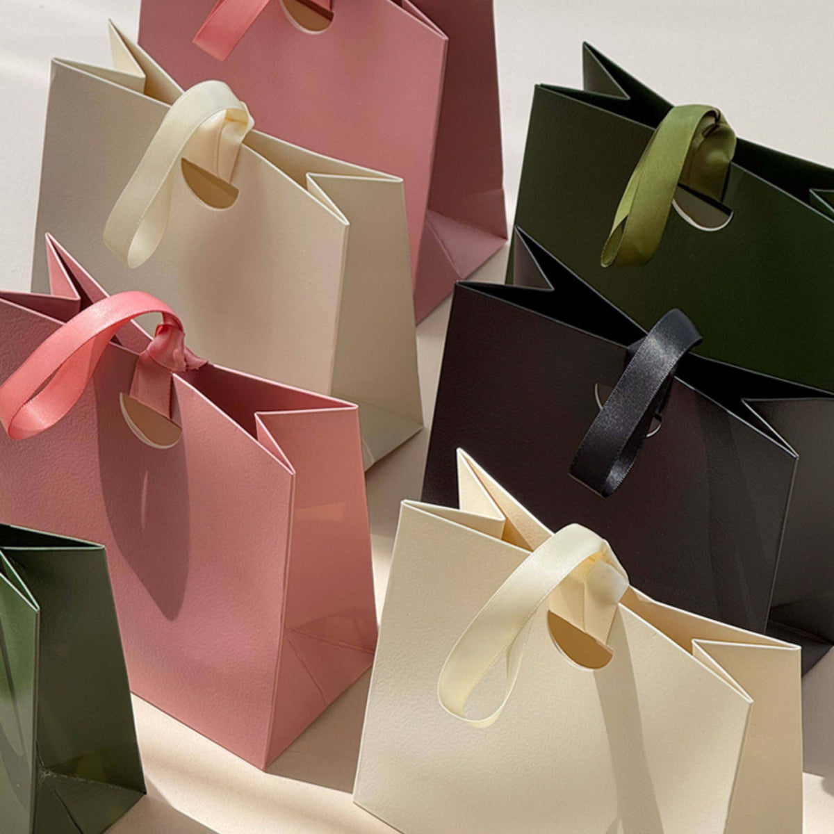 Custom Solid Color Paper Gift Bags with Satin Ribbon Handles MOQ 100pcs | Jewelry Bags | Make-up Bags