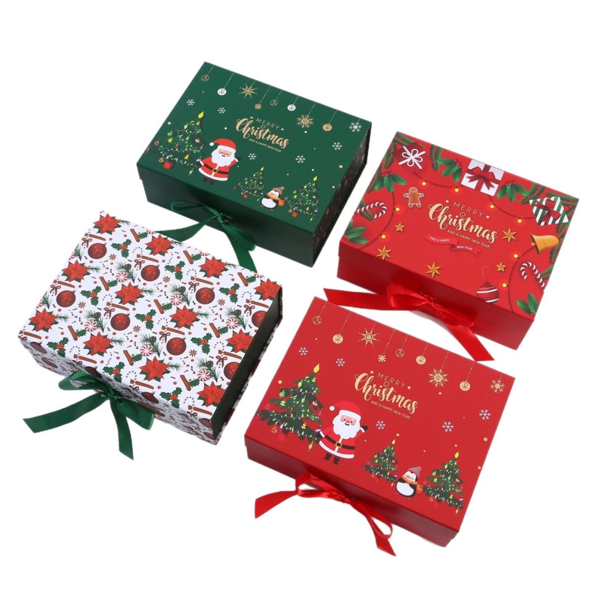 Christmas Magnetic Gift Box, Pre-folded Flat Pack Gift Box with Satin Bow | 2 Sizes, 2pcs/Set, MOQ 5 Sets | Mixable - Laribbons Custom
