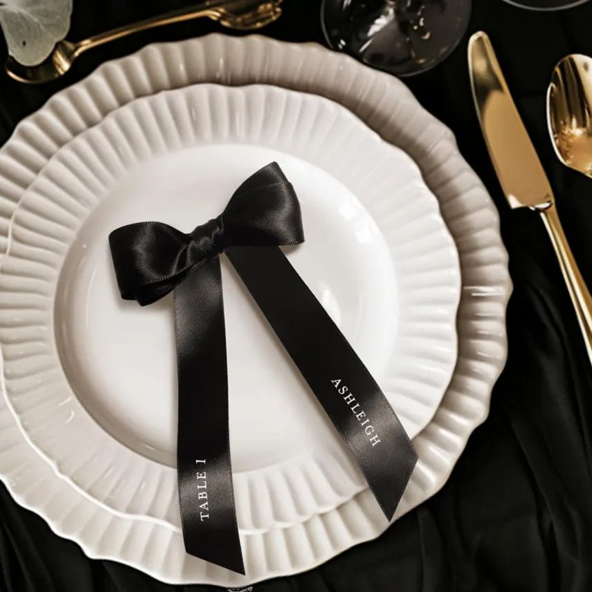 Custom Wedding Satin Ribbon Bows – Personalized Text & Icons | Wedding Place Setting | Laribbons Custom - laribbons Custom Shop
