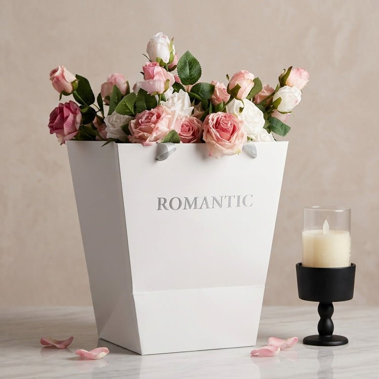 Custom Trapezoid Paper Bags with Logo – Personalized Flower Shop Gift Bags (MOQ 200) | Laribbons Custom - Laribbons Custom