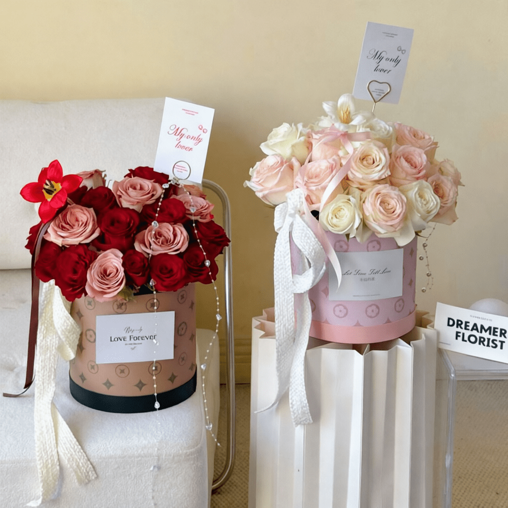18x17cm Monogram Print Cylinder Flower Box | BX - GST | Laribbons Custom - laribbons