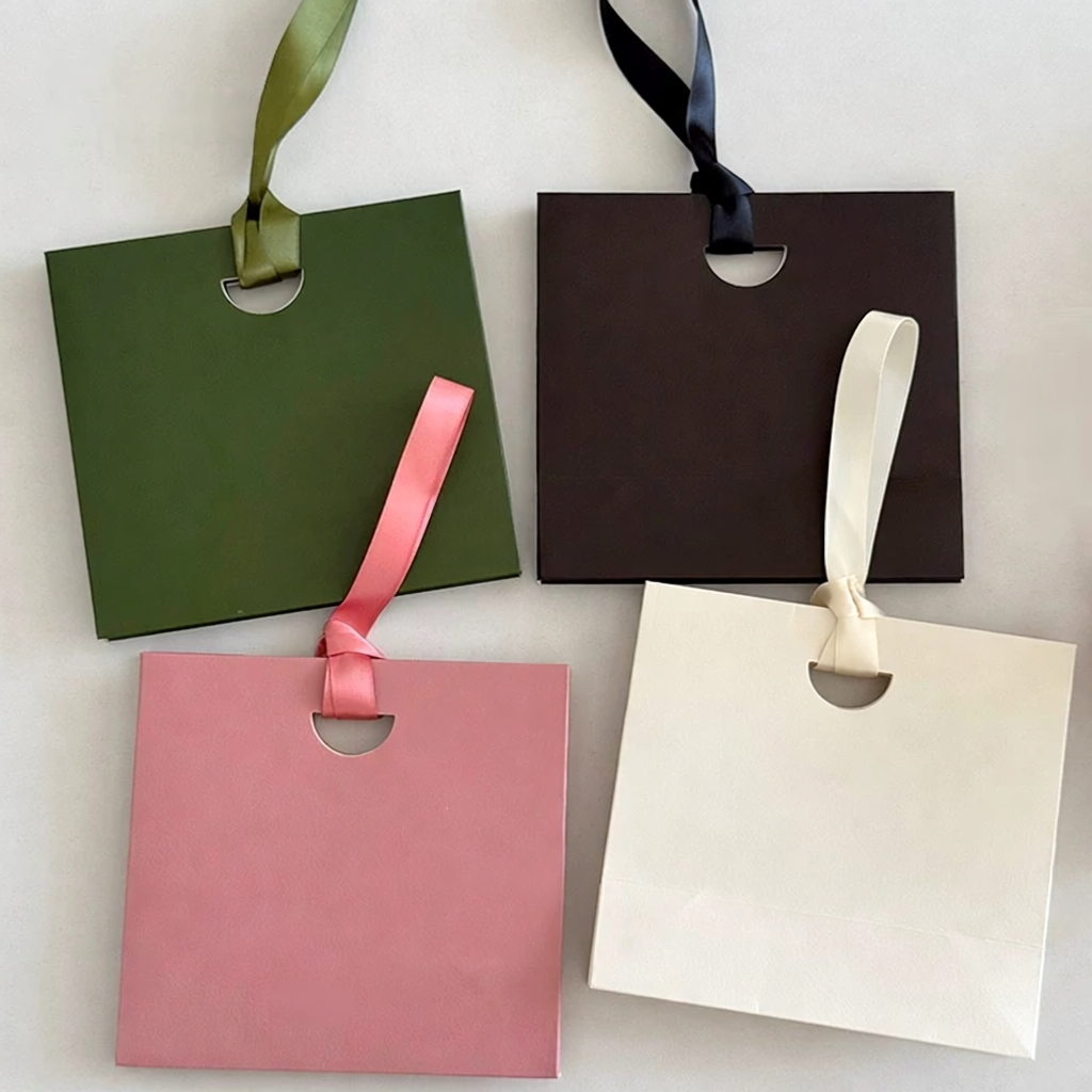 Custom Solid Color Paper Gift Bags with Satin Ribbon Handles MOQ 100pcs | Jewelry Bags | Make-up Bags