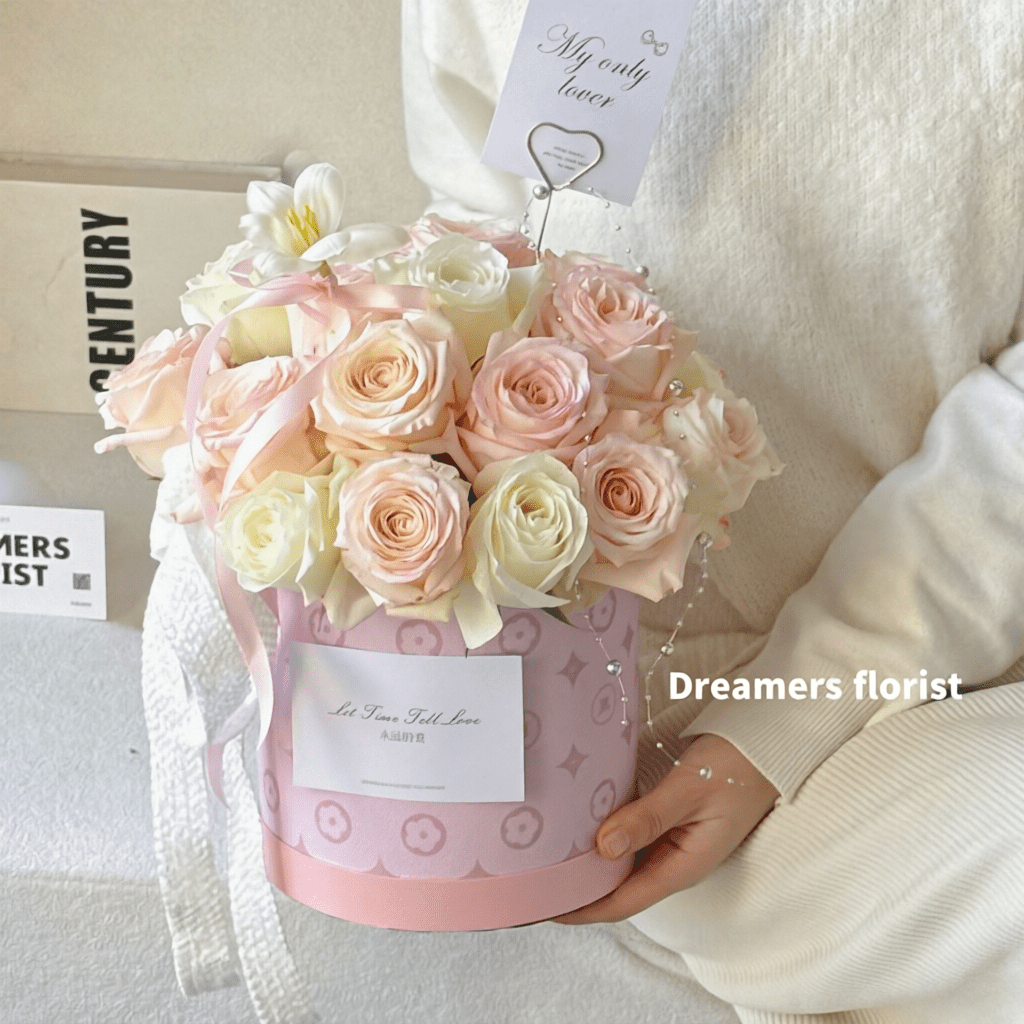 18x17cm Monogram Print Cylinder Flower Box | BX - GST | Laribbons Custom - laribbons