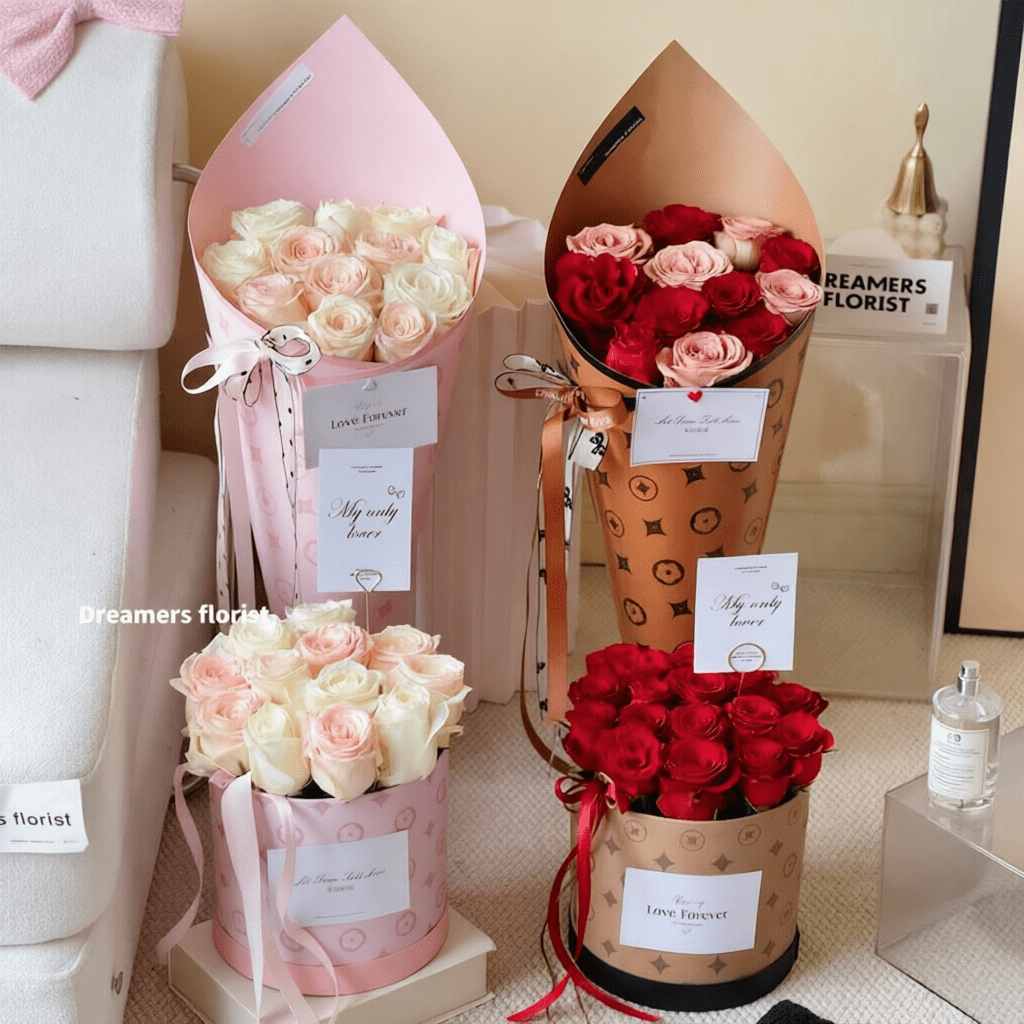 18x17cm Monogram Print Cylinder Flower Box | BX - GST | Laribbons Custom - laribbons