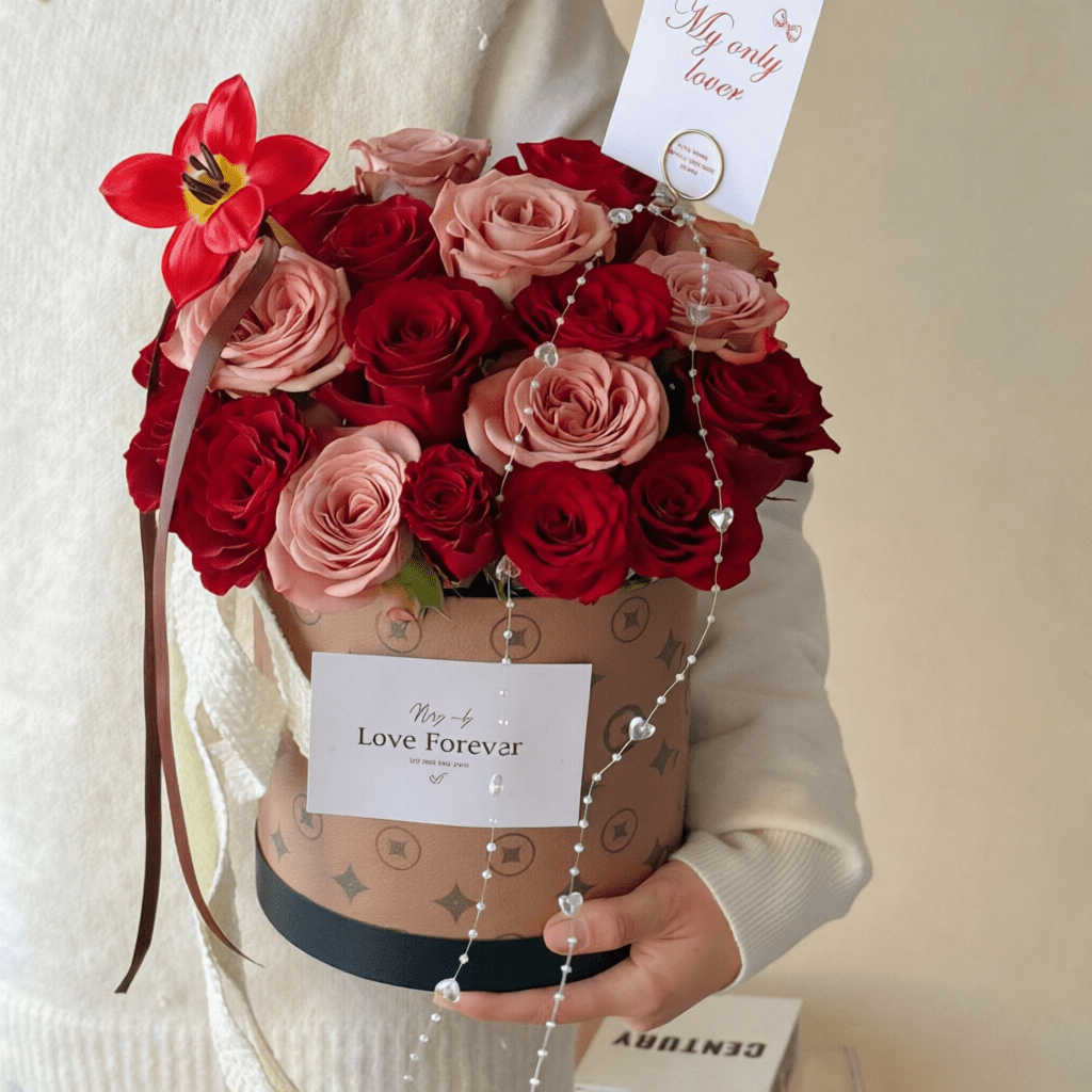 18x17cm Monogram Print Cylinder Flower Box | BX - GST | Laribbons Custom - laribbons