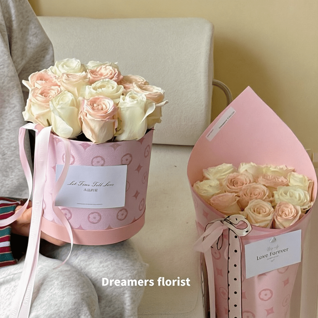 18x17cm Monogram Print Cylinder Flower Box | BX - GST | Laribbons Custom - laribbons