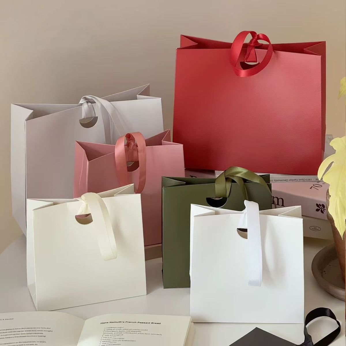 Custom Solid Color Paper Gift Bags with Satin Ribbon Handles MOQ 100pcs | Jewelry Bags | Make-up Bags